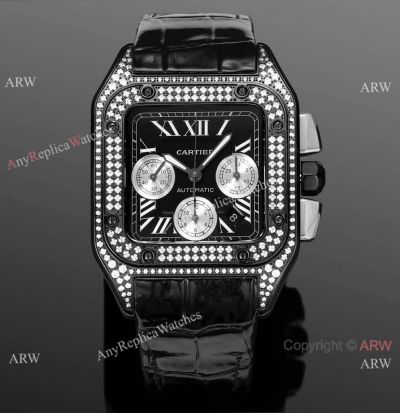 AAA Swiss Copy Cartier Santos Chronograph Black Pave Diamond Watch